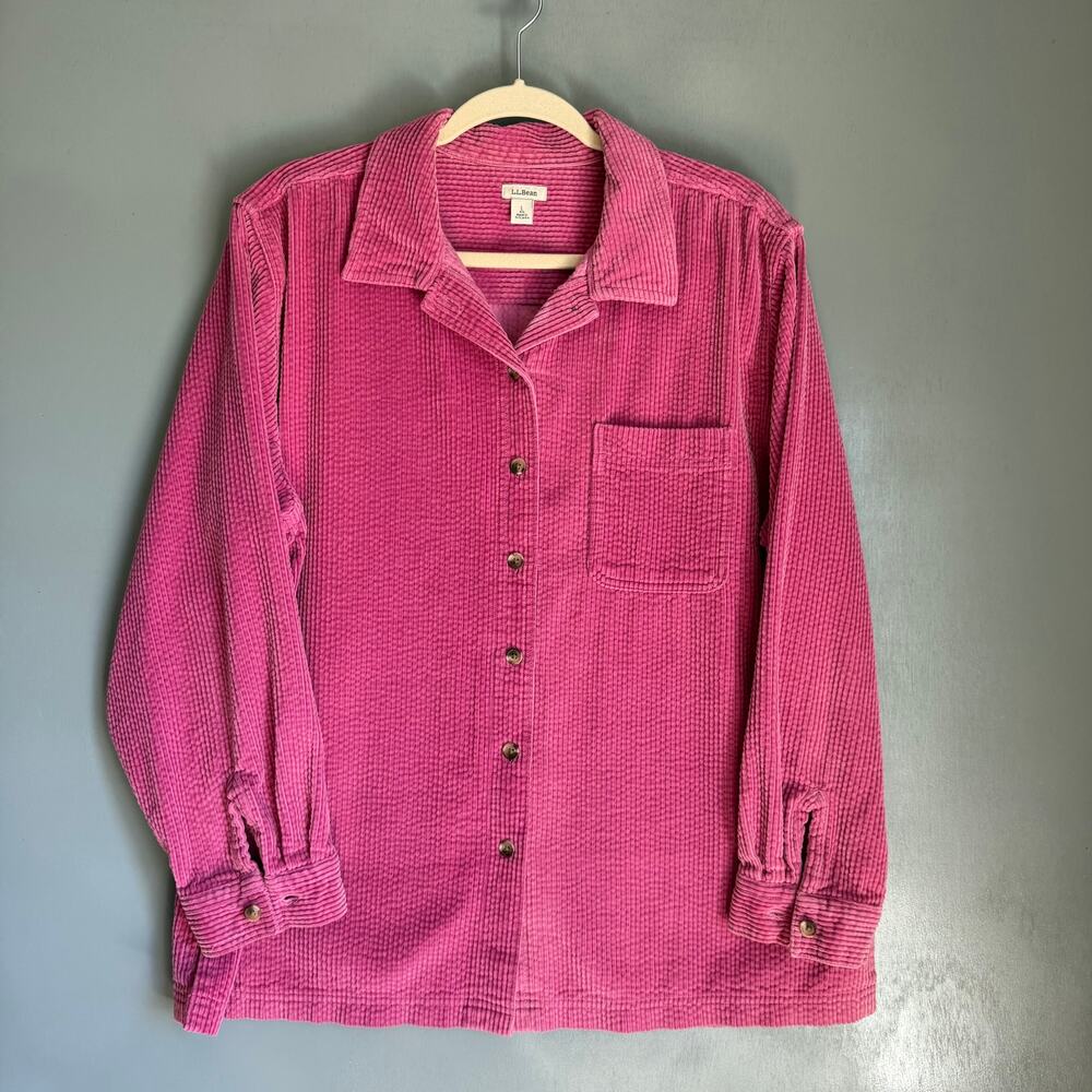 L. L. BEAN Women's Large Vibrant Pink Corduroy Button Up Shirt Chore Coat Retro